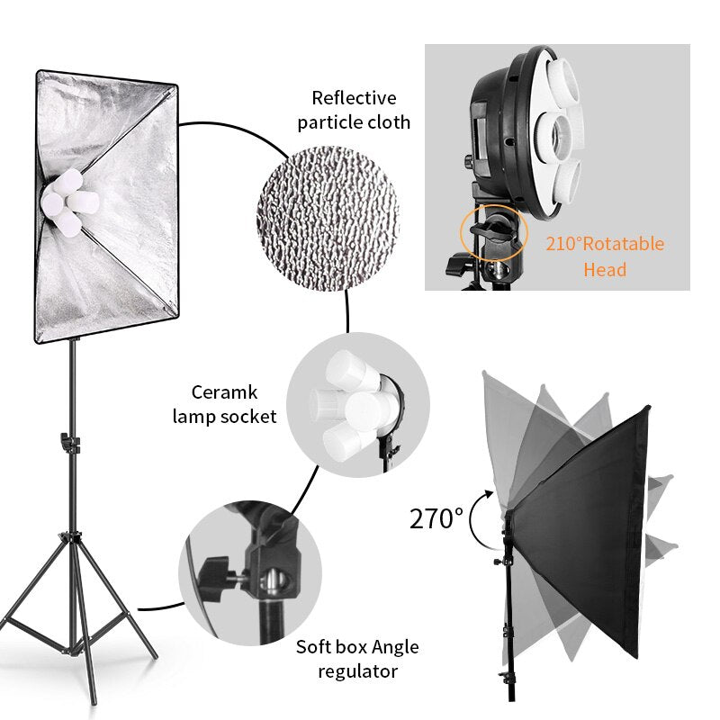 Photo Studio 4pc LED 15W Softbox Kit Photographic Lighting Kit Camera Photo Accessories 1pc Light Stand 1pc Softbox for Shooting