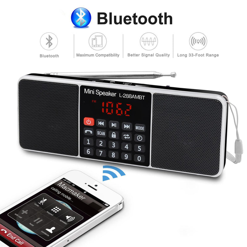 Lefon Digital Portable Radio AM FM Bluetooth Speaker Stereo MP3 Player TF SD Card USB Drive Handsfree Call LED Display Speakers