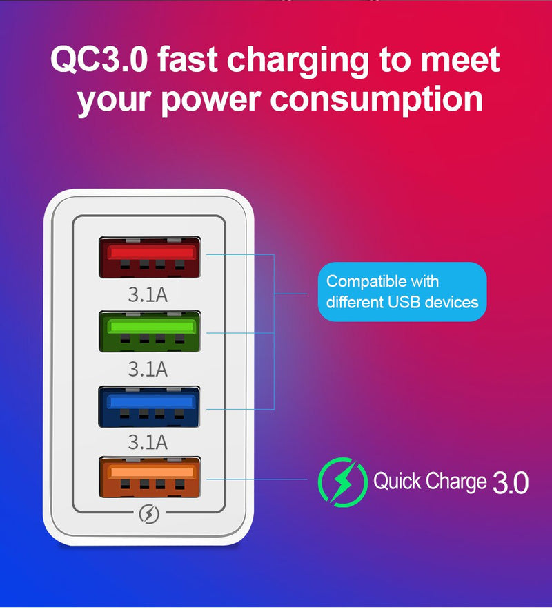 4 USB Charger Quick Charge 3.0 For Phone Adapter for iPhone XR Huawei Tablet Portable EU Plug Wall Mobile Charger Fast Charging