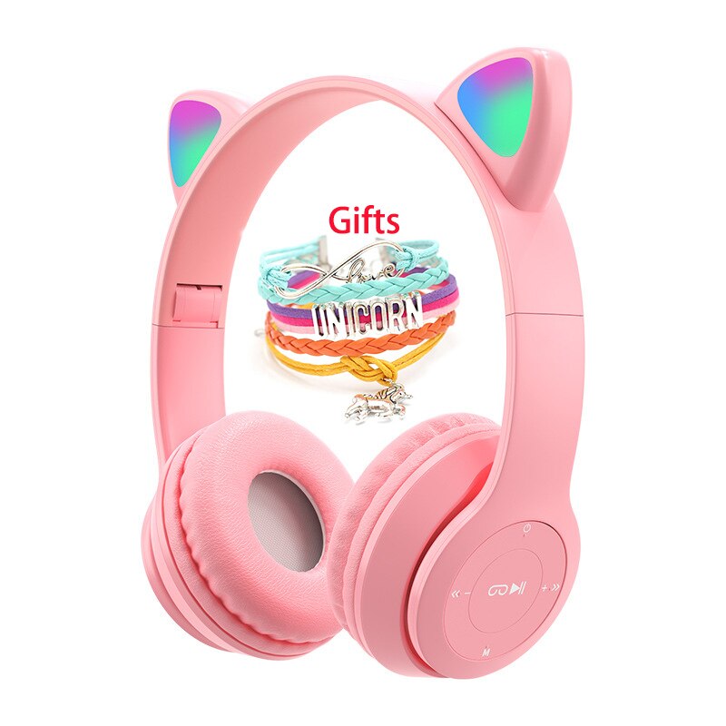 Wireless Headphones Cat Ear with Mic Blue-tooth Glow Light Stereo Bass Helmets Children Gamer Girl Gifts PC Phone Gaming Headset