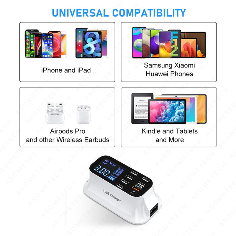 8-Port LED Display USB Charger Quick Charge PD USBC Charger For iPhone 13 12 Phone Tablet Fast Charger For Xiaomi Huawei Samsung