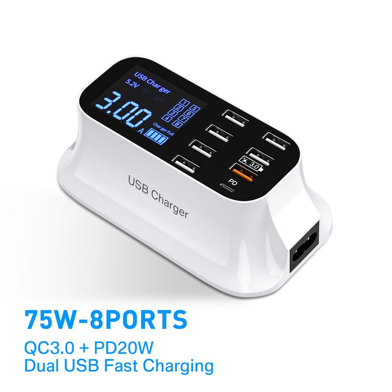 8-Port LED Display USB Charger Quick Charge PD USBC Charger For iPhone 13 12 Phone Tablet Fast Charger For Xiaomi Huawei Samsung