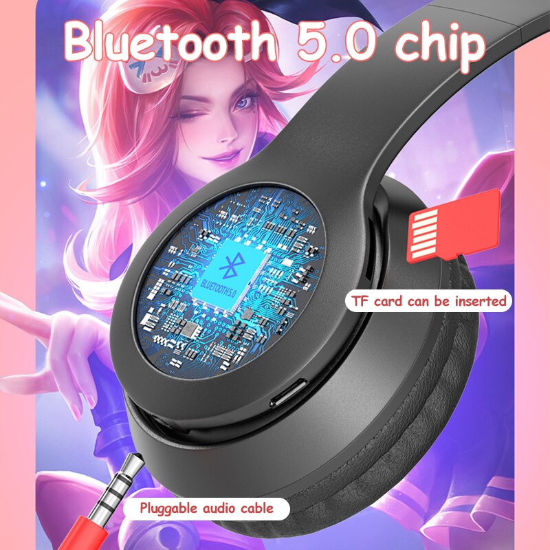 Wireless Headphones Cat Ear with Mic Blue-tooth Glow Light Stereo Bass Helmets Children Gamer Girl Gifts PC Phone Gaming Headset