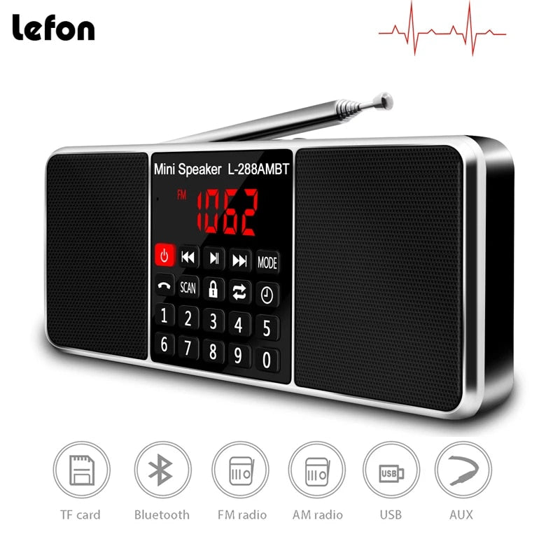 Lefon Digital Portable Radio AM FM Bluetooth Speaker Stereo MP3 Player TF SD Card USB Drive Handsfree Call LED Display Speakers