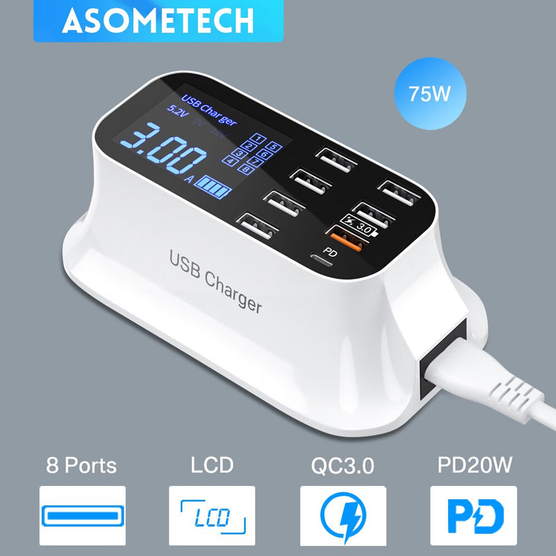 8-Port LED Display USB Charger Quick Charge PD USBC Charger For iPhone 13 12 Phone Tablet Fast Charger For Xiaomi Huawei Samsung