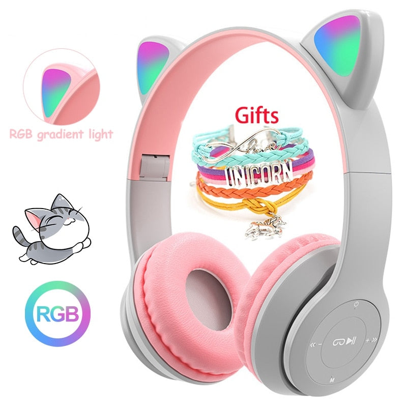 Wireless Headphones Cat Ear with Mic Blue-tooth Glow Light Stereo Bass Helmets Children Gamer Girl Gifts PC Phone Gaming Headset